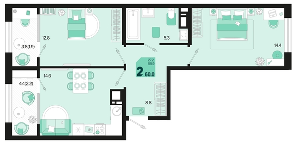 
   Продам 2-комнатную, 60 м², Первое место, квартал 1.1, литер 2

. Фото 12.