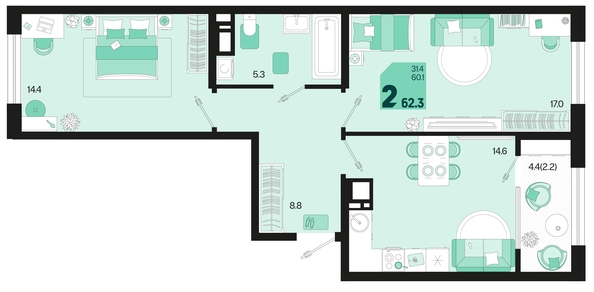 
   Продам 2-комнатную, 62.3 м², Первое место, квартал 1.1, литер 2

. Фото 11.