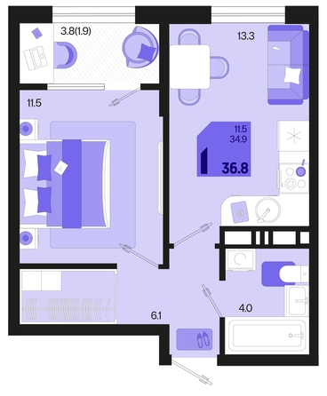 
   Продам 1-комнатную, 36.8 м², Первое место, квартал 1.2, литер 2

. Фото 6.