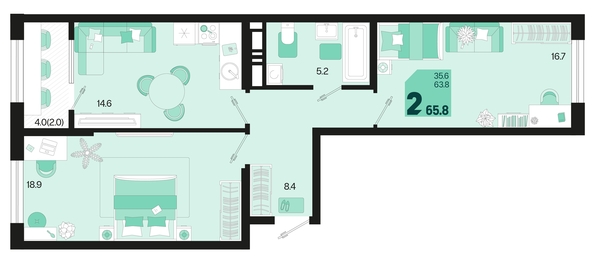 
   Продам 2-комнатную, 65.8 м², Первое место, квартал 1.6, литер 1

. Фото 6.