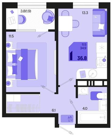 
   Продам 1-комнатную, 36.8 м², Первое место, квартал 1.10 литер 1

. Фото 6.