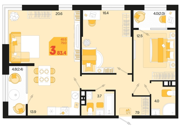 
   Продам 3-комнатную, 83.4 м², Первое место, квартал 1.5, литер 1

. Фото 6.