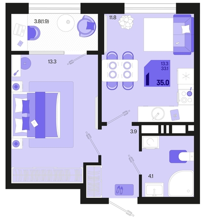 
   Продам 1-комнатную, 35 м², Первое место, квартал 1.4, литер 2

. Фото 6.