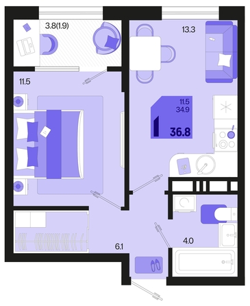 
   Продам 1-комнатную, 36.8 м², Первое место, квартал 1.1, литер 2

. Фото 6.