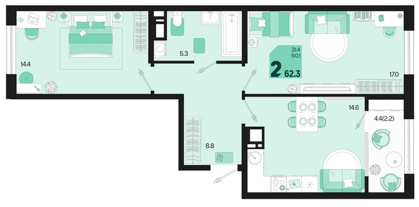 
   Продам 2-комнатную, 62.3 м², Первое место, квартал 1.1, литер 2

. Фото 6.