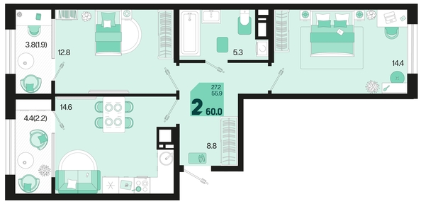 
   Продам 2-комнатную, 60 м², Первое место, квартал 1.10 литер 1

. Фото 6.