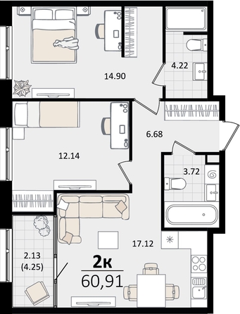 
   Продам 2-комнатную, 60.91 м², Патрики, литер 2

. Фото 4.