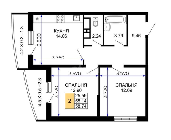 
   Продам 2-комнатную, 58 м², Лучший, литер 1

. Фото 1.