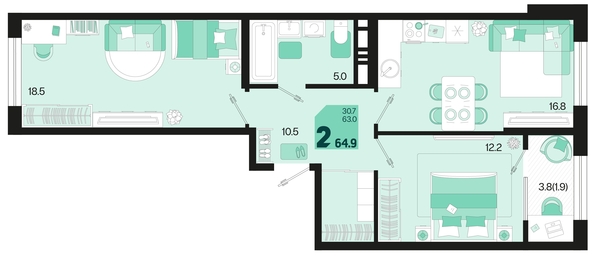 
   Продам 2-комнатную, 64.9 м², Первое место, квартал 1.6, литер 1

. Фото 6.