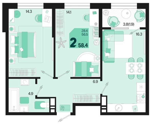 
   Продам 2-комнатную, 58.4 м², Первое место, квартал 1.2, литер 2

. Фото 6.