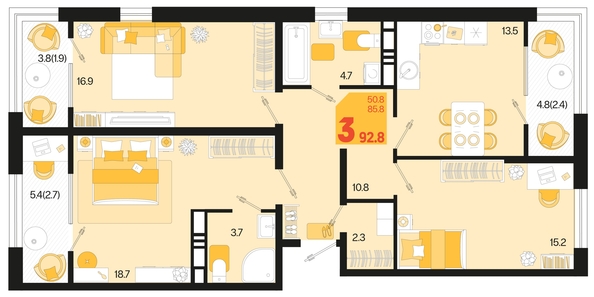 
   Продам 3-комнатную, 92.8 м², Первое место, квартал 1.10 литер 1

. Фото 6.