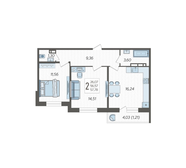 
  Продается 2-комн. квартира, 57.78 м², ЖК Смородина, литера 17
. Фото 2.