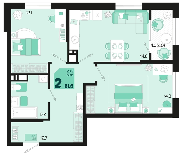 
   Продам 2-комнатную, 61.6 м², Первое место, квартал 1.10, литер 2

. Фото 6.