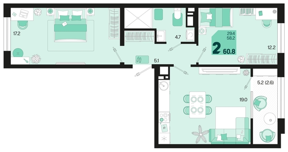 
   Продам 2-комнатную, 60.8 м², Первое место, квартал 1.4, литер 2

. Фото 6.