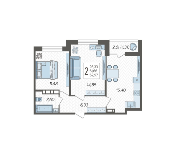 
  Продается 2-комн. квартира, 52.97 м², ЖК Смородина, литера 18
. Фото 3.