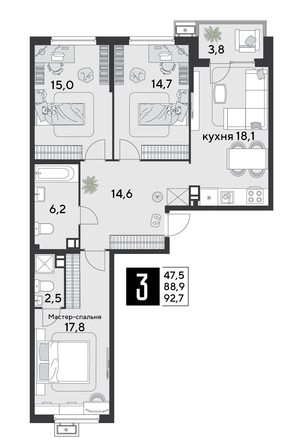 
  Продается 3-комн. квартира, 92.7 м², ЖК Парк Победы 2, литера 8
. Фото 1.