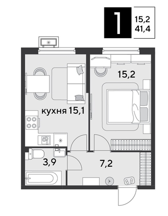 
  Продается 1-комн. квартира, 41.4 м², ЖК Парк Победы 2, литера 30
. Фото 1.