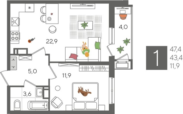 
  Продается 1-комн. квартира, 47.4 м², ЖК Рекорд 2, литера 3
. Фото 1.