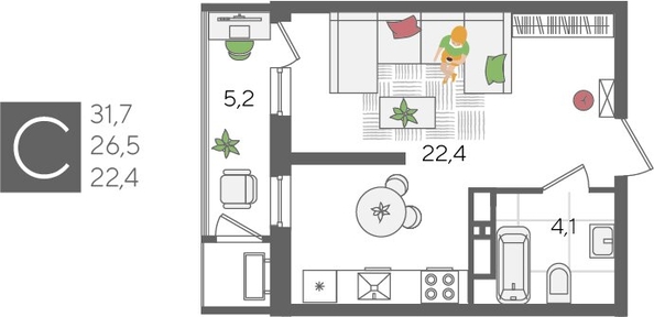 
  Продается студия, 31.7 м², ЖК Рекорд 2, литера 3
. Фото 1.