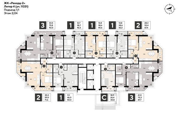 
  Продается 1-комн. квартира 42.3 м², в ЖК Рекорд 2, литера 4. Фото 2.