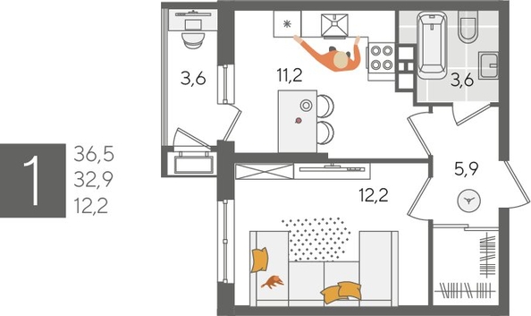 
  Продается 1-комн. квартира, 36.5 м², ЖК Рекорд 2, литера 5
. Фото 1.