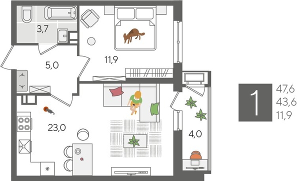
  Продается 1-комн. квартира, 47.6 м², ЖК Рекорд 2, литера 5
. Фото 1.