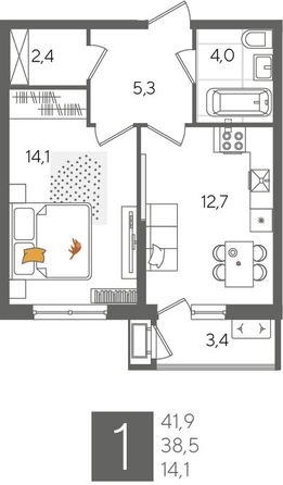 
  Продается 1-комн. квартира, 41.9 м², ЖК Рекорд 2, литера 5
. Фото 1.