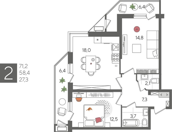 
  Продается 2-комн. квартира, 71.2 м², ЖК Рекорд 2, литера 6
. Фото 1.