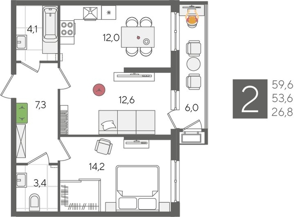 
  Продается 2-комн. квартира, 59.6 м², ЖК Рекорд 2, литера 6
. Фото 1.