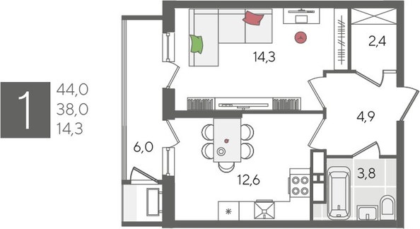 
  Продается 1-комн. квартира, 44 м², ЖК Рекорд 2, литера 6
. Фото 1.