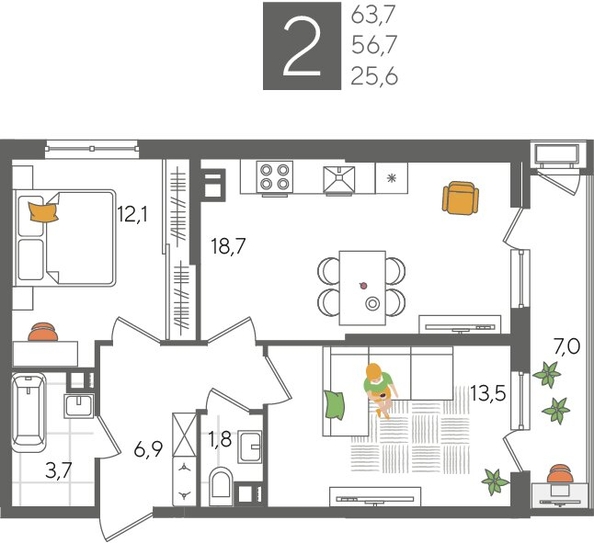 
  Продается 2-комн. квартира, 63.7 м², ЖК Рекорд 2, литера 6
. Фото 1.