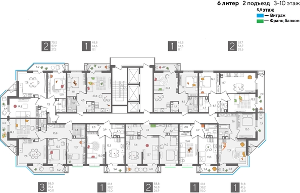 
  Продается 1-комн. квартира, 48.8 м², ЖК Рекорд 2, литера 6
. Фото 2.