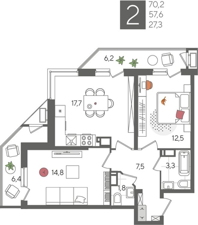 
  Продается 2-комн. квартира, 70.2 м², ЖК Рекорд 2, литера 6
. Фото 1.