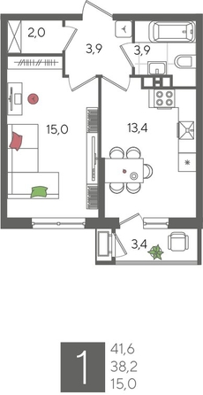 
  Продается 1-комн. квартира, 41.6 м², ЖК Рекорд 2, литера 1
. Фото 1.