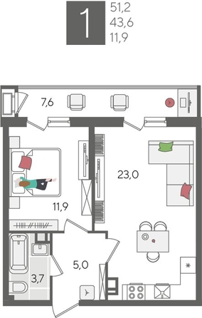 
  Продается 1-комн. квартира, 51.2 м², ЖК Рекорд 2, литера 1
. Фото 1.