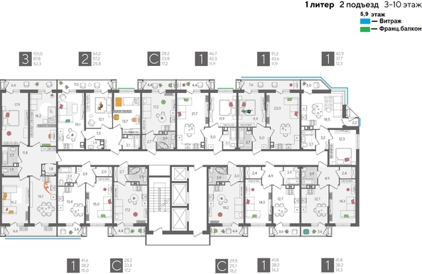 
  Продается 2-комн. квартира, 64.2 м², ЖК Рекорд 2, литера 1
. Фото 2.