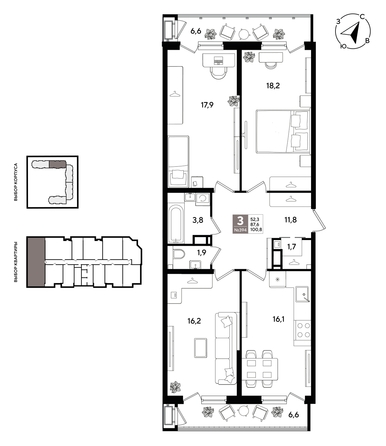 
  Продается 3-комн. квартира 99.6 м², в ЖК Рекорд 2, литера 1. Фото 3.