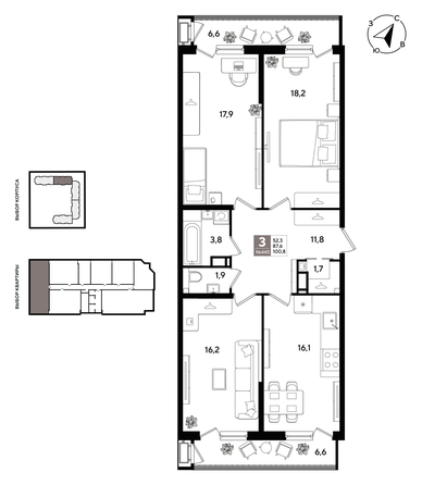 
  Продается 3-комн. квартира 99.2 м², в ЖК Рекорд 2, литера 1. Фото 1.