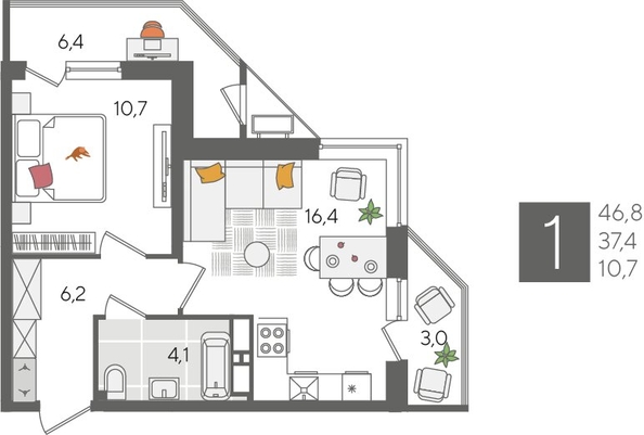 
  Продается 1-комн. квартира, 46.8 м², ЖК Рекорд 2, литера 1
. Фото 1.
