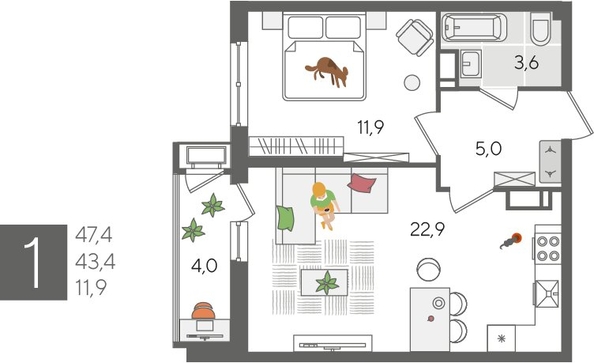 
  Продается 1-комн. квартира, 47.4 м², ЖК Рекорд 2, литера 1
. Фото 1.