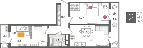 
  Продается 2-комн. квартира, 71.7 м², ЖК Рекорд 2, литера 1
. Фото 1.