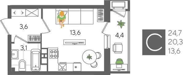 
  Продается студия, 24.7 м², ЖК Рекорд 2, литера 1
. Фото 1.