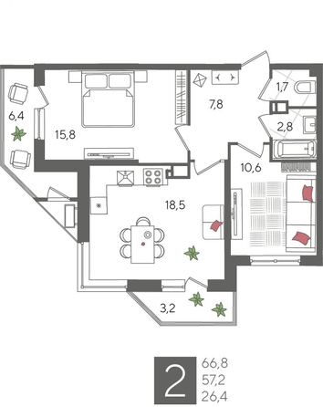 
  Продается 2-комн. квартира 66.8 м², в ЖК Рекорд 2, литера 2. Фото 1.