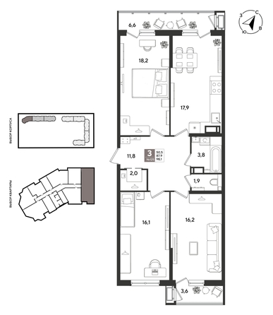 
  Продается 3-комн. квартира 97.3 м², в ЖК Рекорд 2, литера 2. Фото 1.