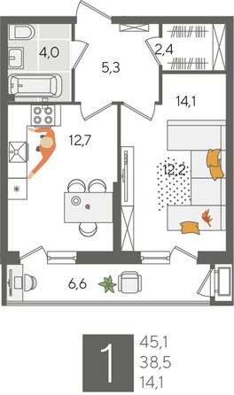 
  Продается 1-комн. квартира, 45.1 м², ЖК Рекорд 2, литера 2
. Фото 1.