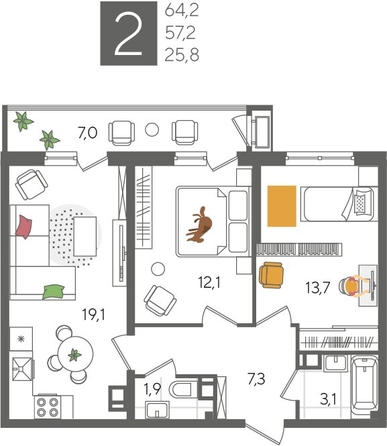 
  Продается 2-комн. квартира 63.5 м², в ЖК Рекорд 2, литера 2. Фото 1.