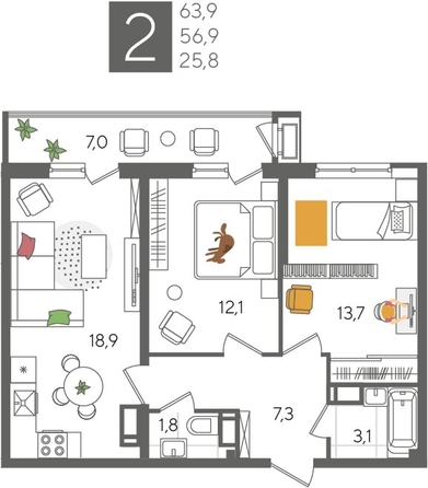 
  Продается 2-комн. квартира 63.3 м², в ЖК Рекорд 2, литера 2. Фото 1.