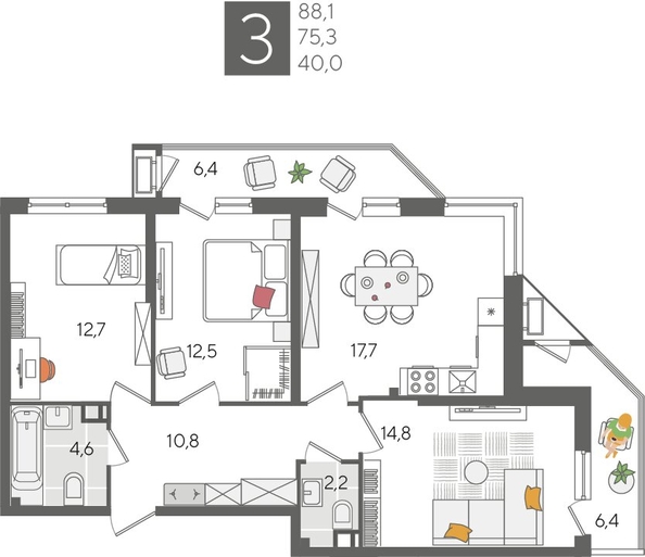 
  Продается 3-комн. квартира, 88.1 м², ЖК Рекорд 2, литера 2
. Фото 1.