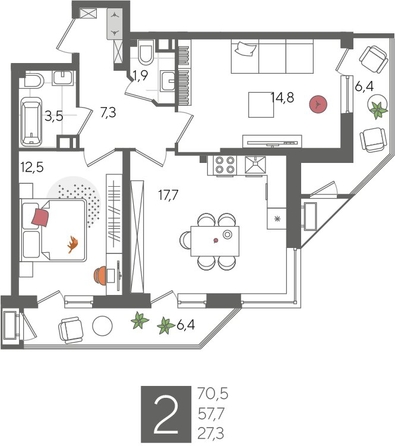 
  Продается 2-комн. квартира 70.4 м², в ЖК Рекорд 2, литера 2. Фото 1.
