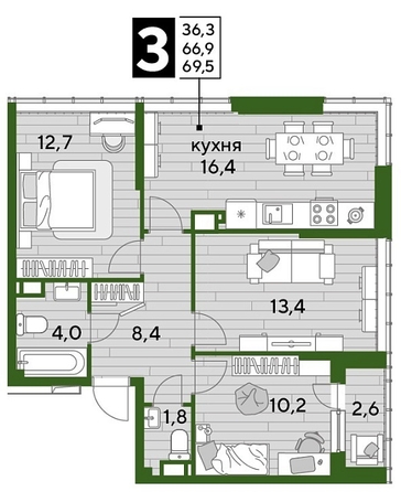 
  Продается 3-комн. квартира, 68.9 м², ЖК DOGMA PARK (Догма парк), литера 9
. Фото 1.